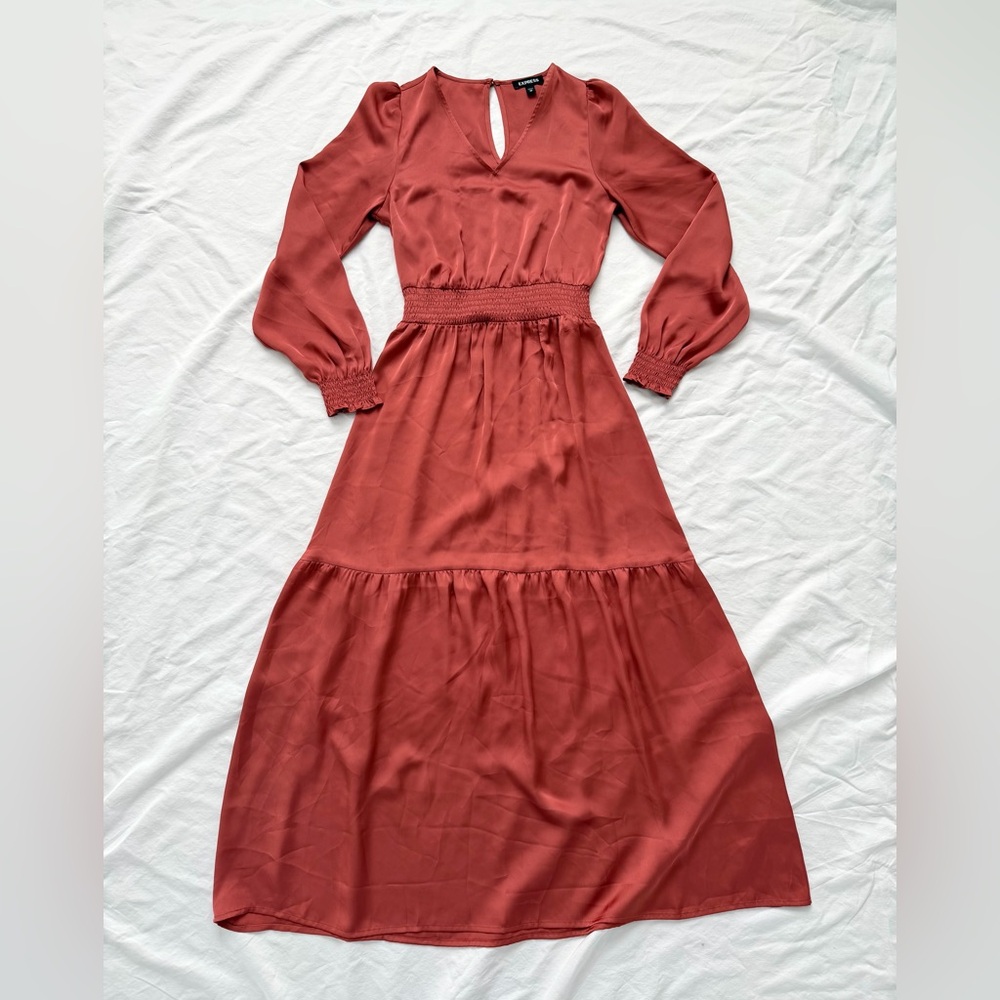 Express Satin Texture Tiered Rust Puff Long Sleeve Smock Waist Maxi Dress | XS